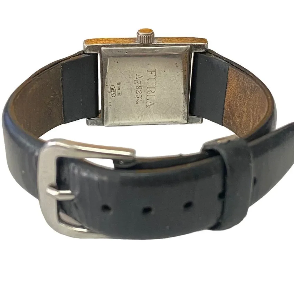 FURLA 925 Sterling Silver Black Leather Watch
